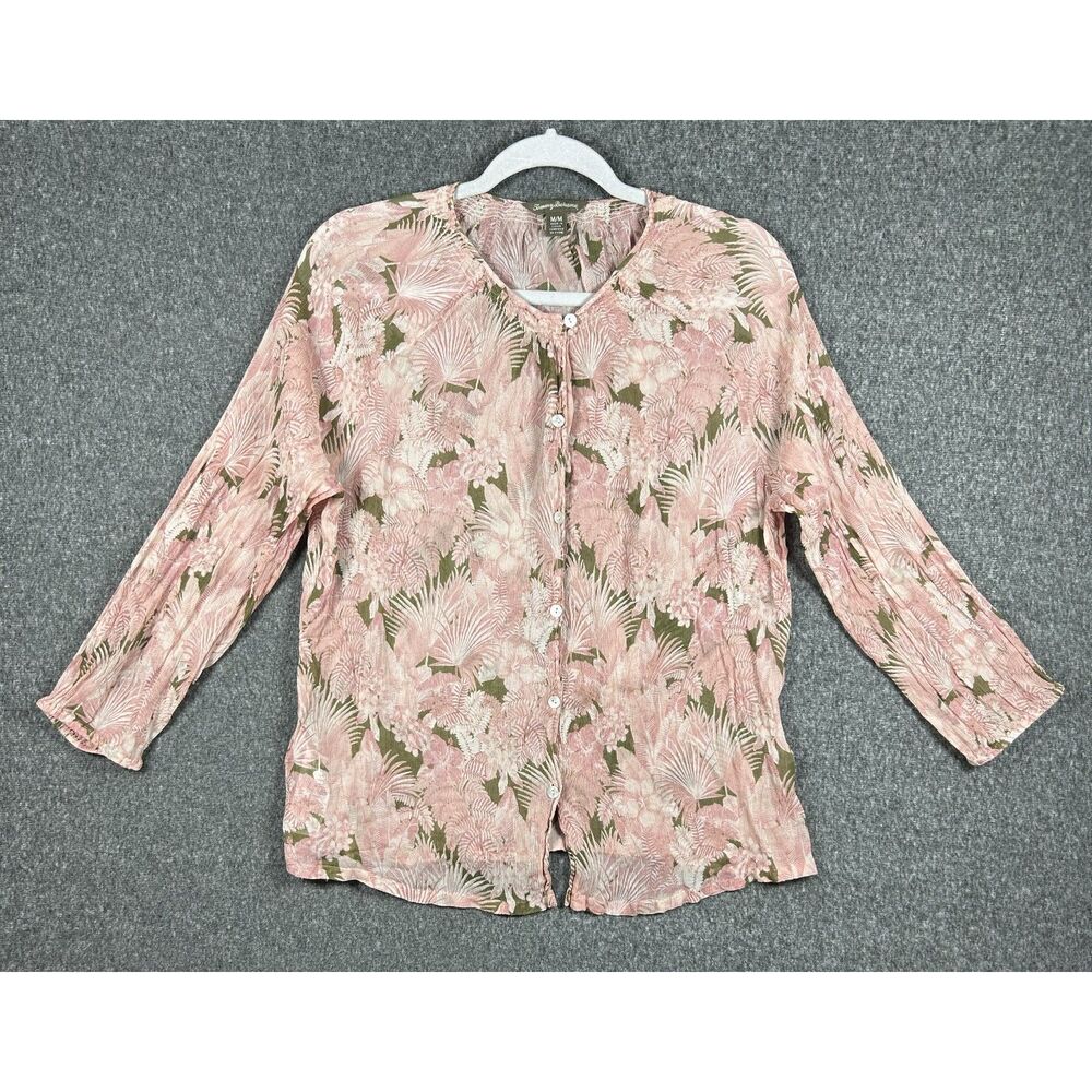 Tommy Bahama Pink Tropical Palm 100% Silk Button Up Blouse Size M